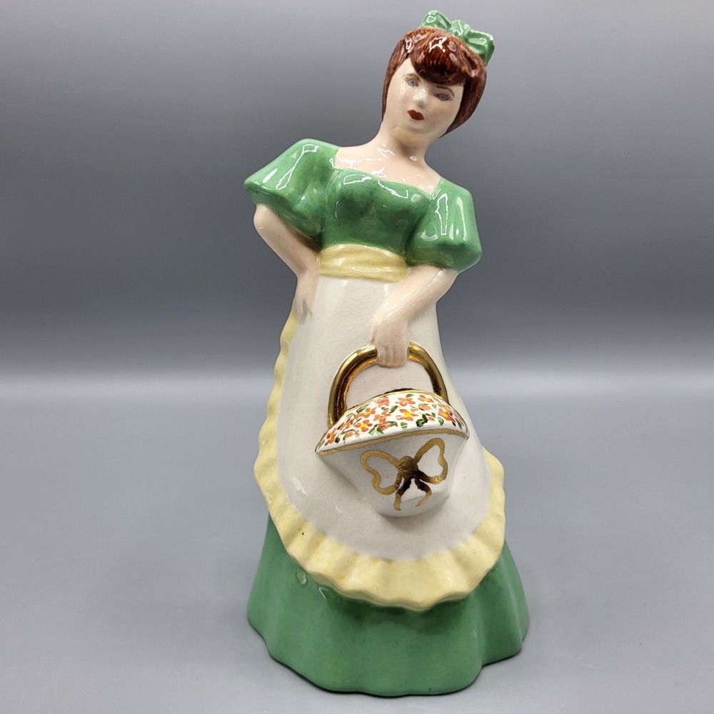 Vintage Ceramic Figurine Woman Green Dress Holding Basket Home Decor AS IS